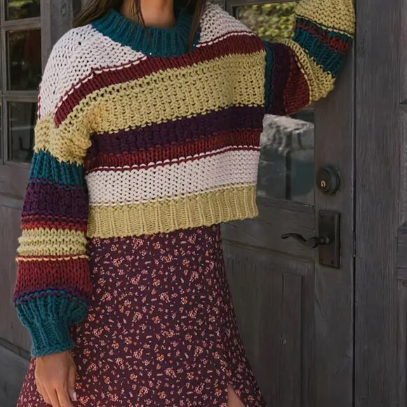 Multicolor Striped Round Neck Short Knit Sweater Pullover Boho Y2K - Picture 5 of 5